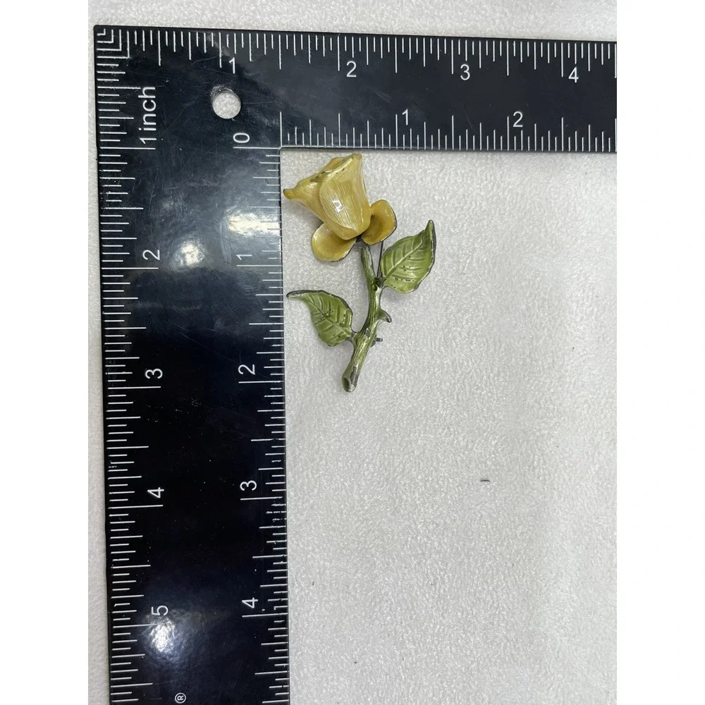 Vintage Signed KC Kenneth Cole Yellow Enamel Rose Brooch Pin Leaf Stem 80s