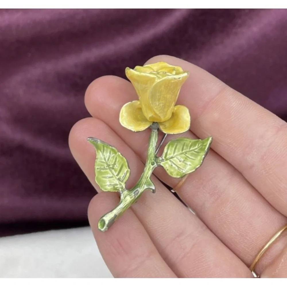 Vintage Signed KC Kenneth Cole Yellow Enamel Rose Brooch Pin Leaf Stem 80s