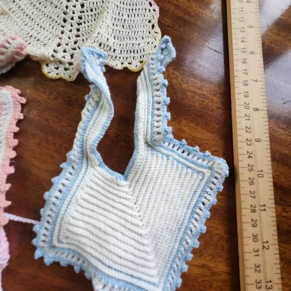 Vintage Handmade Crocheted Baby Bibs Lot of 6 Pastel Pink Blue Yellow White