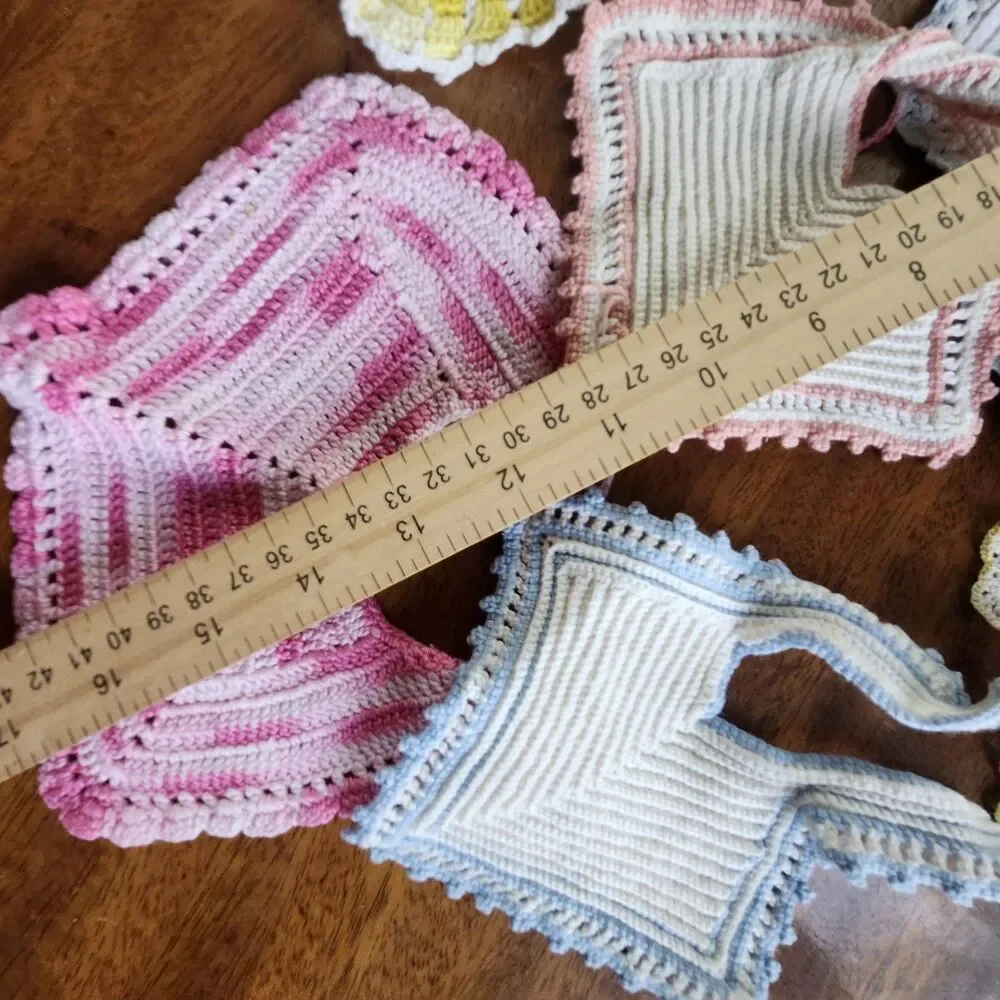 Vintage Handmade Crocheted Baby Bibs Lot of 6 Pastel Pink Blue Yellow White