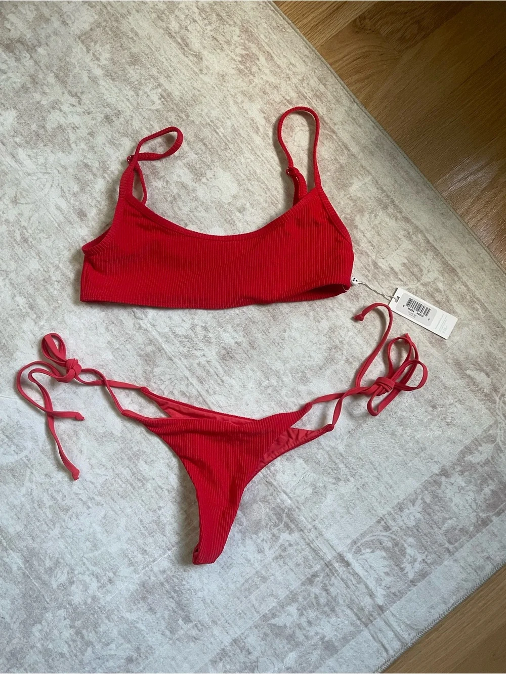 Frankie's Bikinis Red Ribbed String Bikini Set