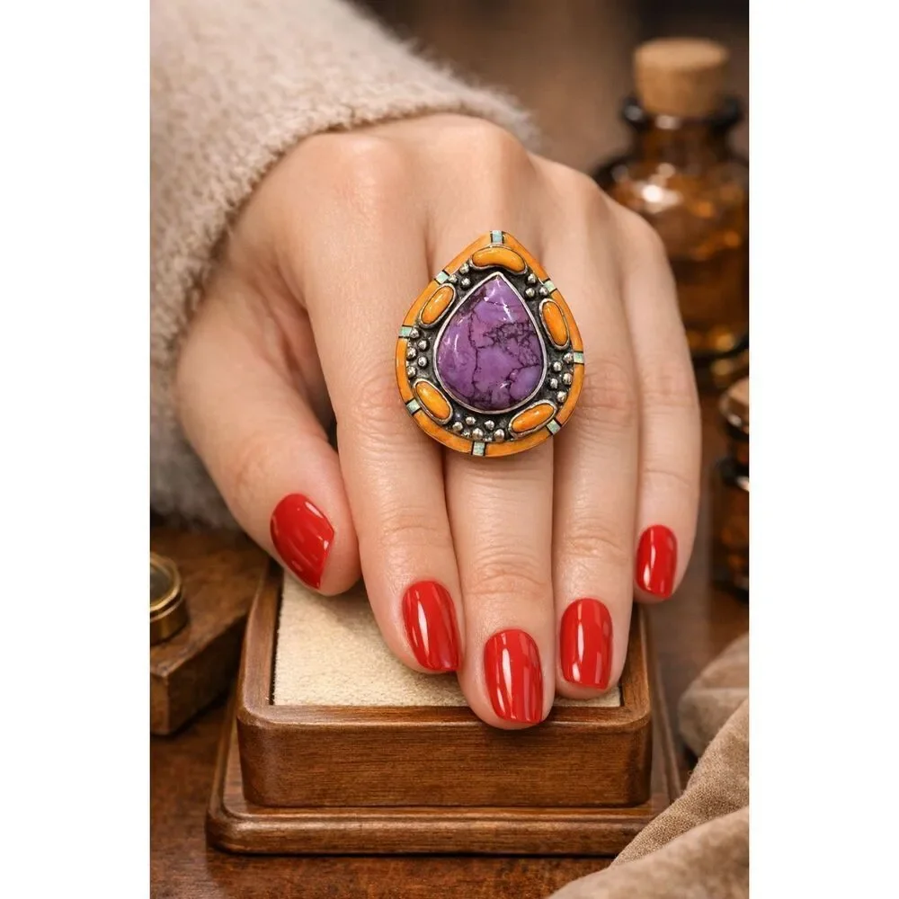 Purple Turquoise Teardrop Ring Sterling Silver Orange & Turquoise Accents Boho