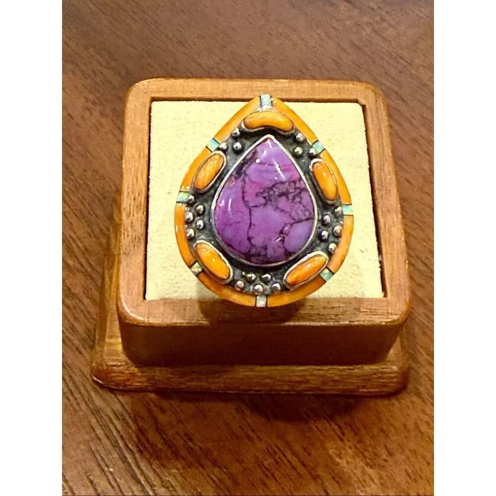 Purple Turquoise Teardrop Ring Sterling Silver Orange & Turquoise Accents Boho