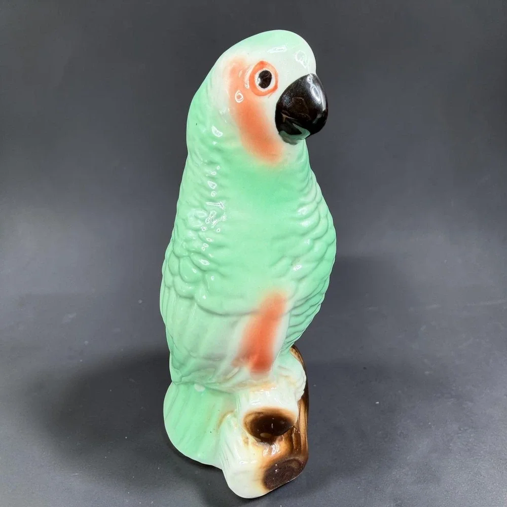 Vintage Green Parrot Ceramic Figurine Made in Brazil Tropical Bird Marked 7 inch
