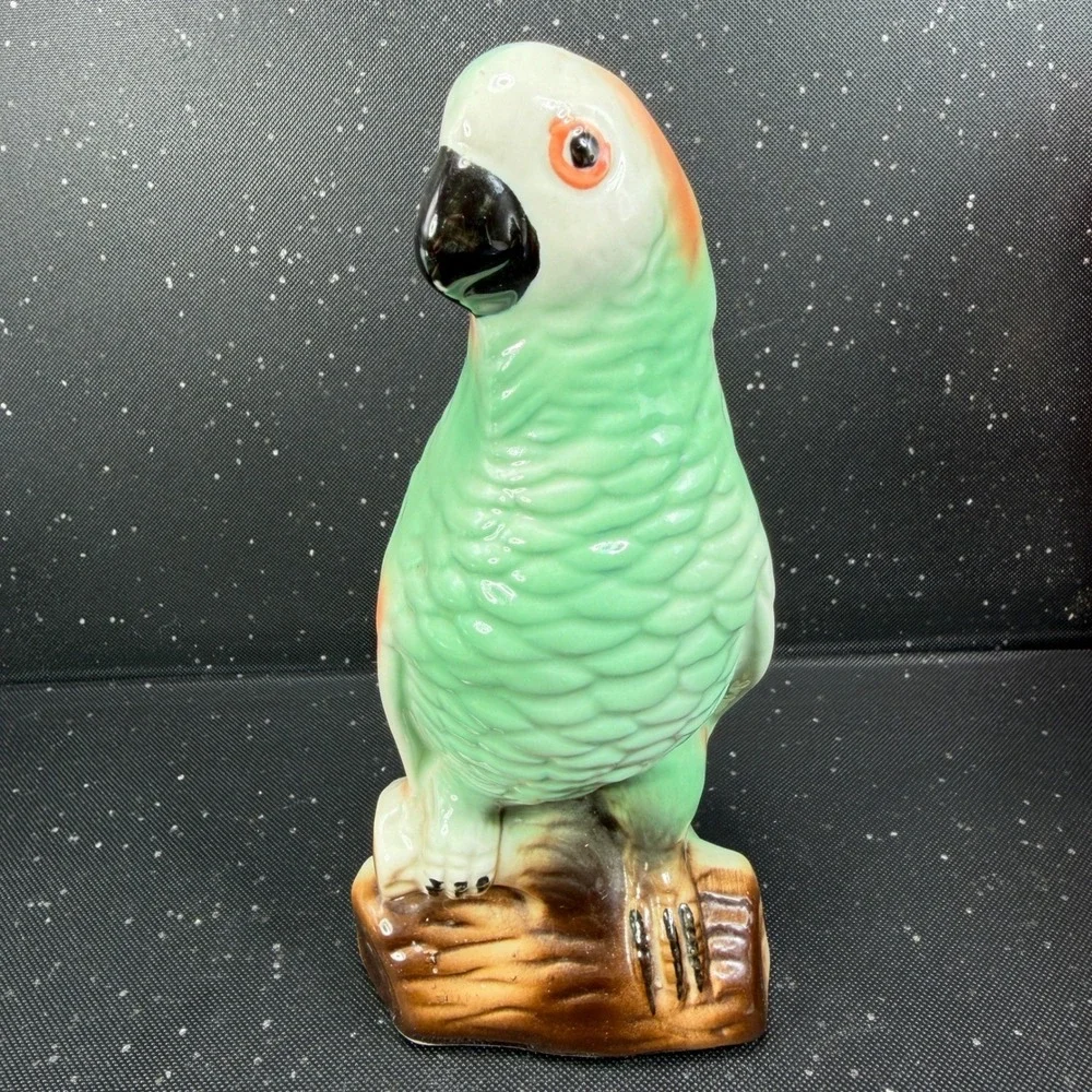 Vintage Green Parrot Ceramic Figurine Made in Brazil Tropical Bird Marked 7 inch