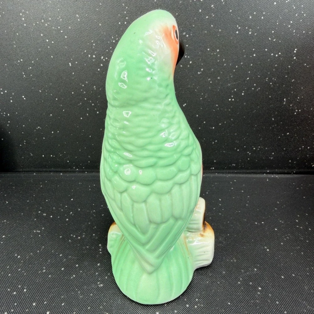 Vintage Green Parrot Ceramic Figurine Made in Brazil Tropical Bird Marked 7 inch