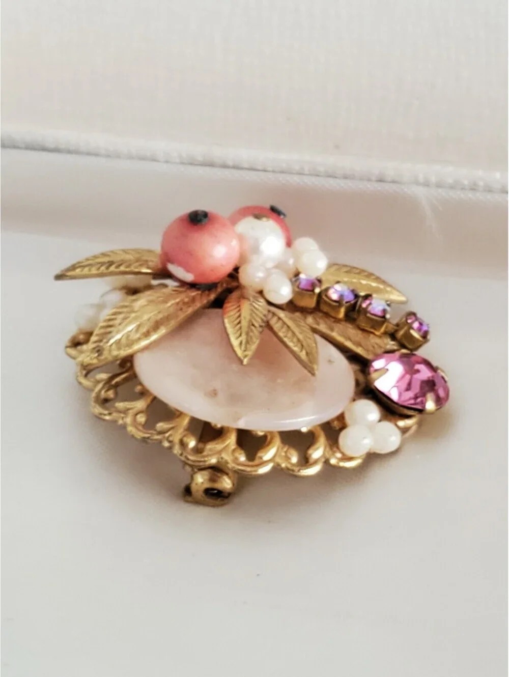 Vintage Filigree Pink and White Bead & Gold-Tone Leaf Brooch