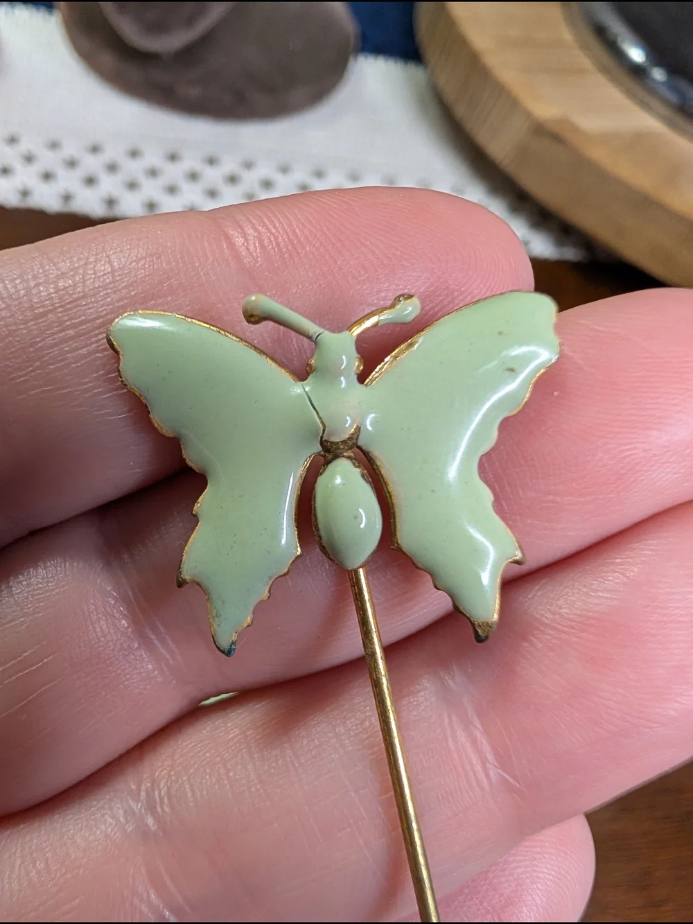 Vintage Miriam Haskell Gold Butterfly Stick Pin Mint Green Enamel