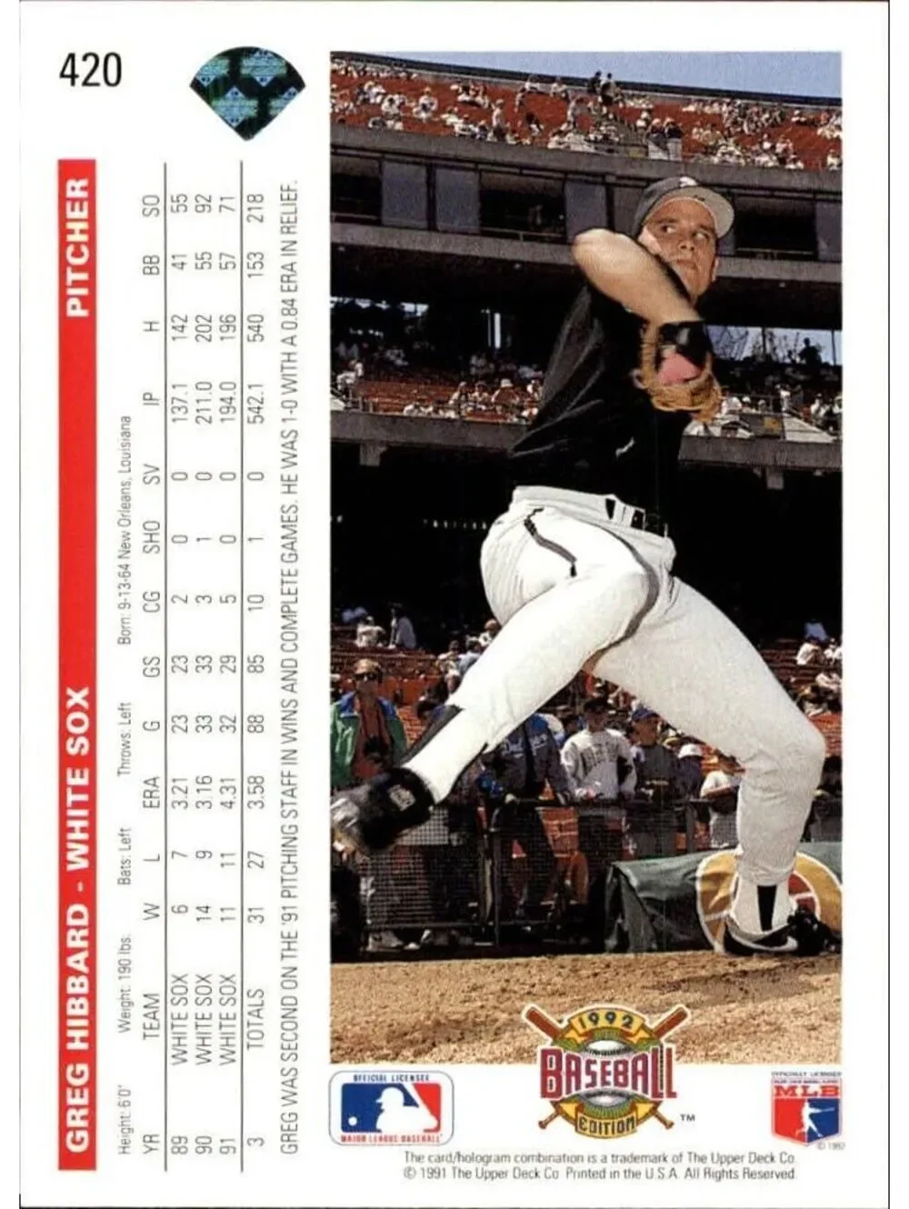 Greg Hibbard 1992 Upper Deck MLB #420 Baseball Card Chicago White Sox