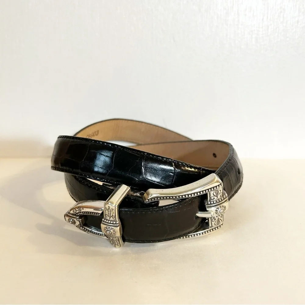 VTG Brighton Croc-embossed Black Leather Belt Western-style Silver Buckle ML 32