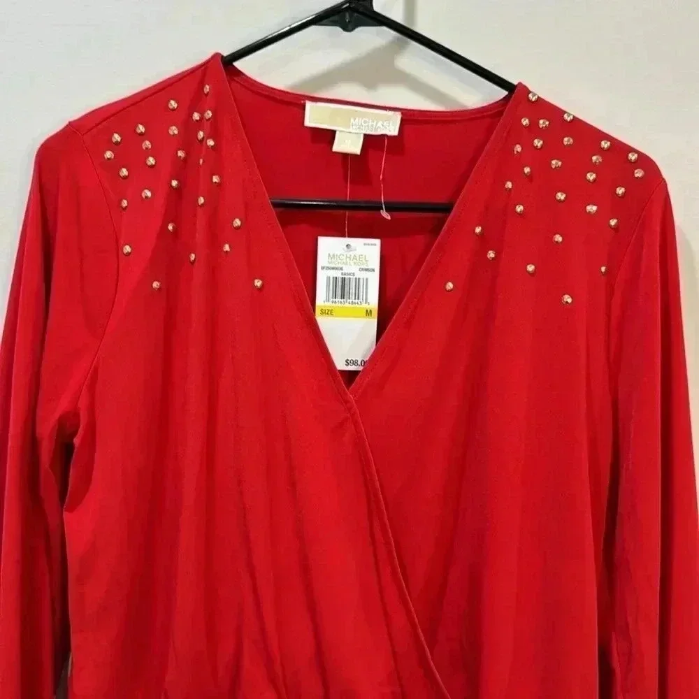 Michael Kors Gold Rhinestone V-Neck Long Sleeve Wrap Top - Size M