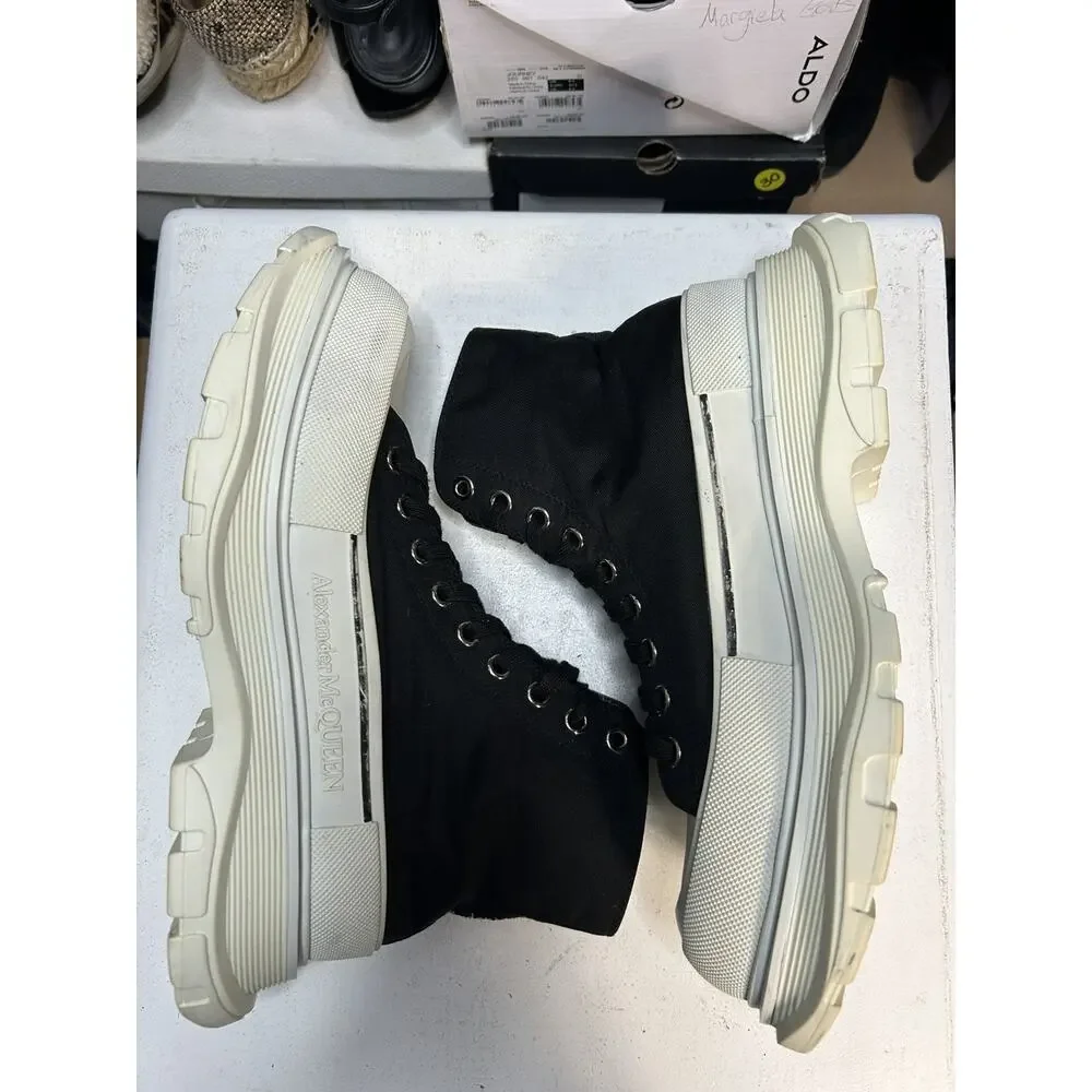 Alexander McQueen Tread Slick Lace Up Boot in black and white canvas Size 45