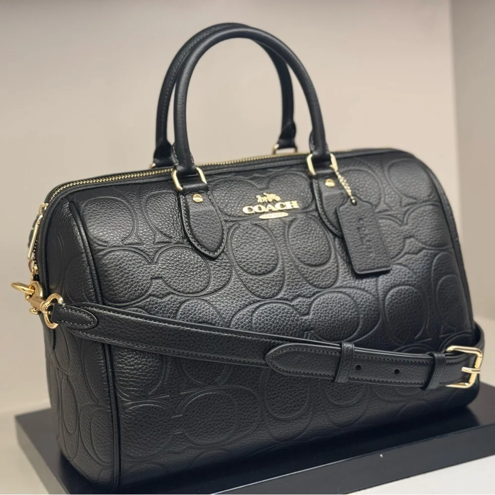 Coach Black Embossed Leather Satchel with Gold Hardware