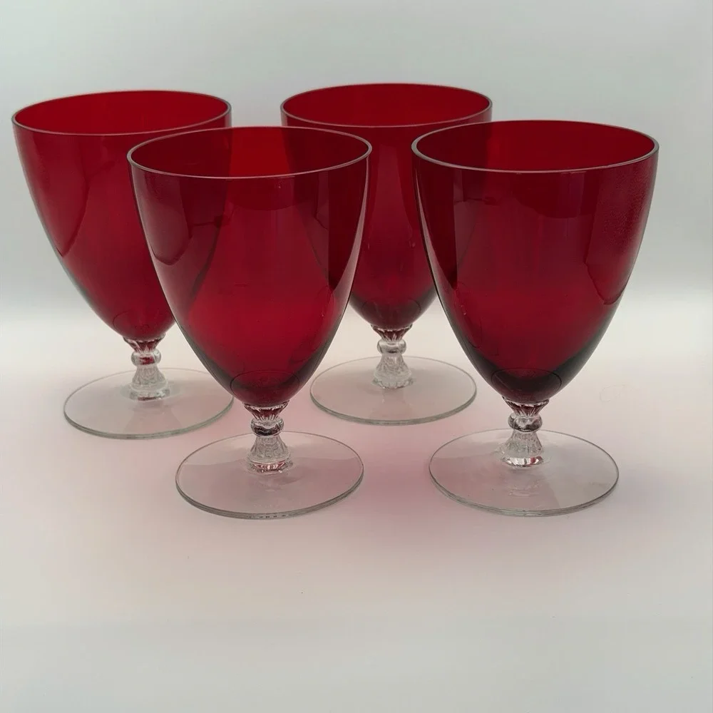 Vintage Cranberry‎ Red Glass Goblets Set 4 Clear Stem Water Wine Glasses 5.25