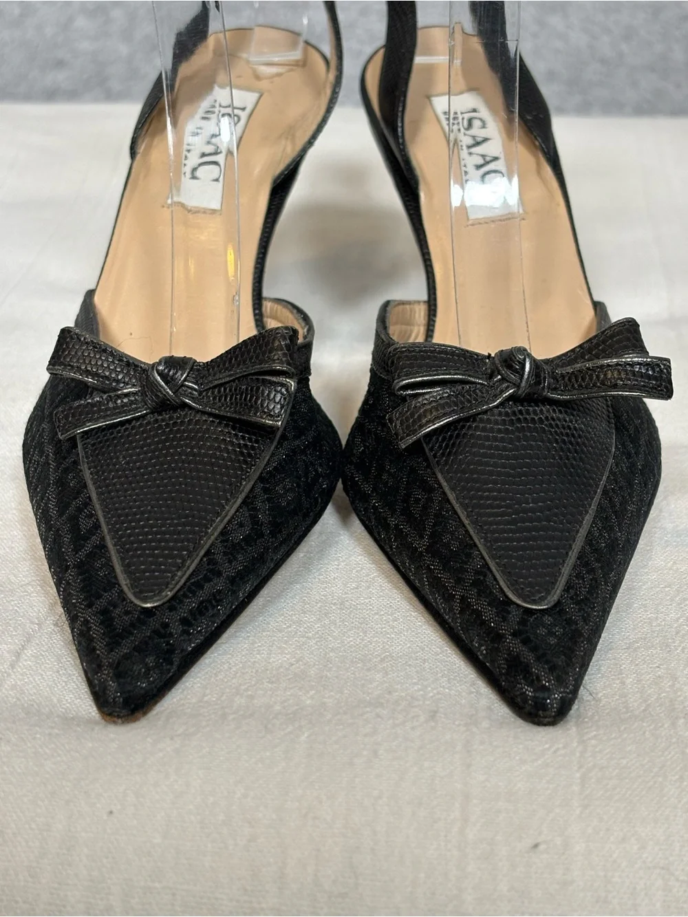 Vintage Isaac Mizrahi Patterned Fabric Slingback Pumps Heels-Black-Women Size 7