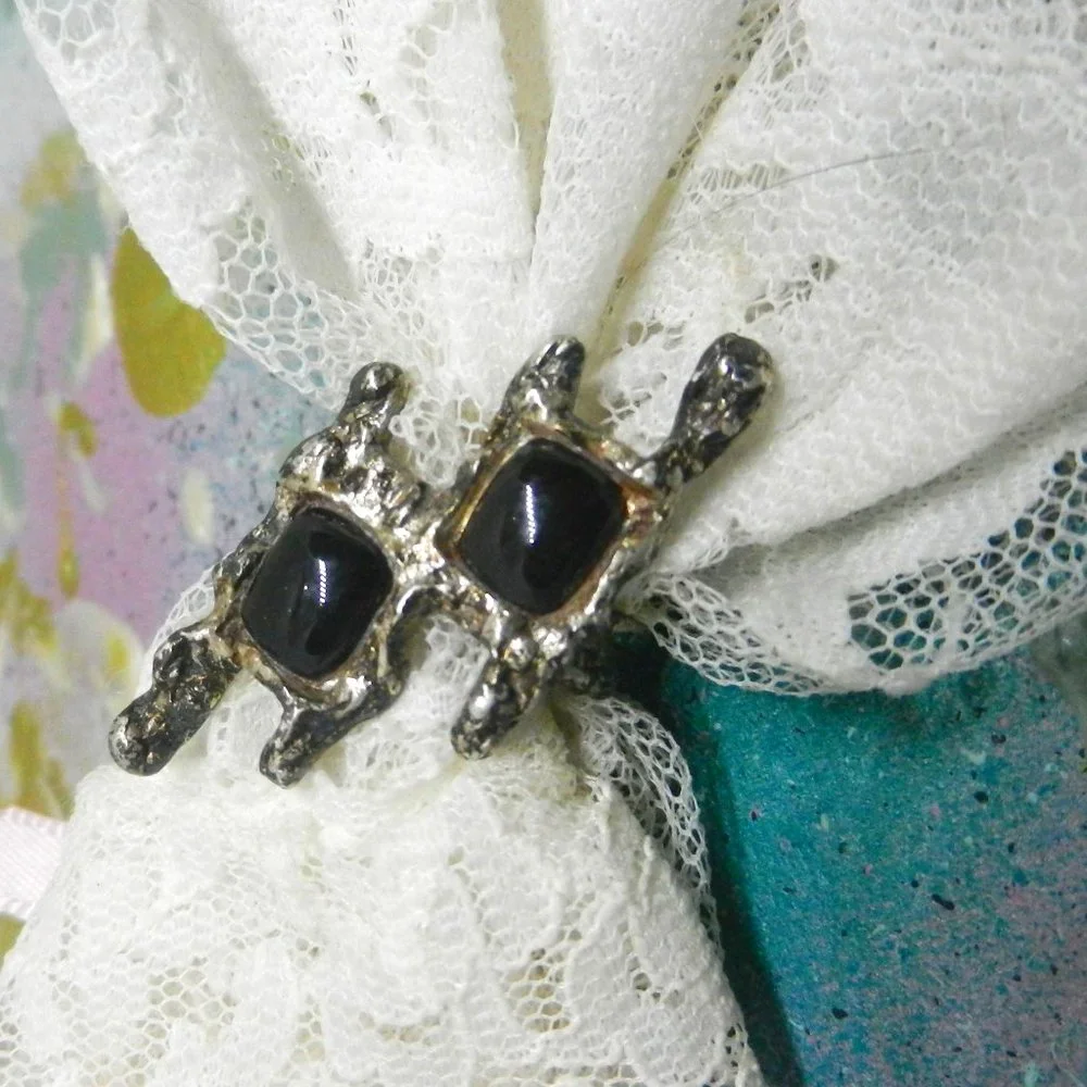 VTG artisan pewter black ring silvery statement ebony shiny bohemian size 12