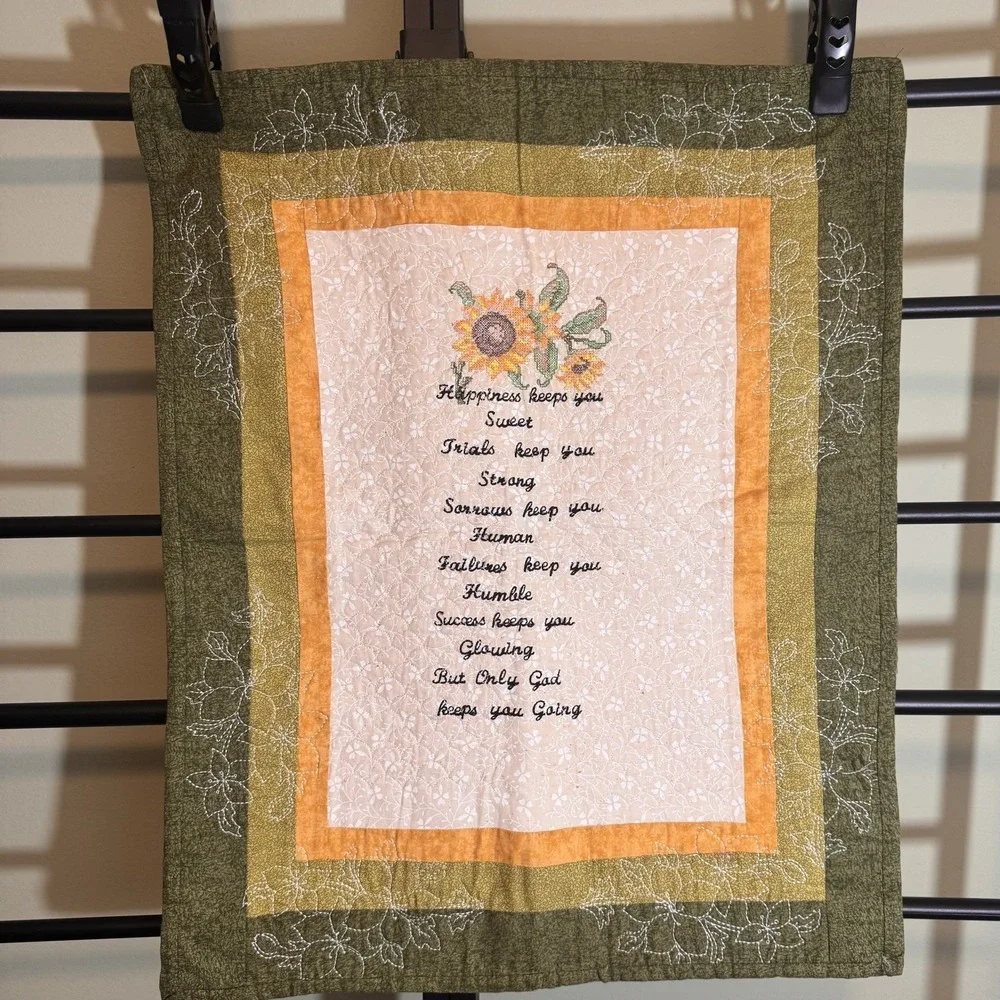 Vintage Quilt Hanging With Christian Saying Handmade Floral Embroidery 27 X‎ 22