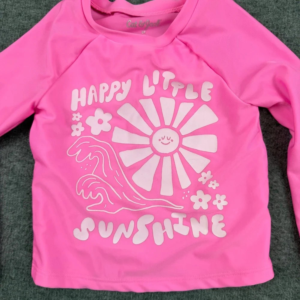 Cat & Jack Rash Guard Kids 3T Pink Happy‎ Little Sunshine Long Sleeve Swim Top
