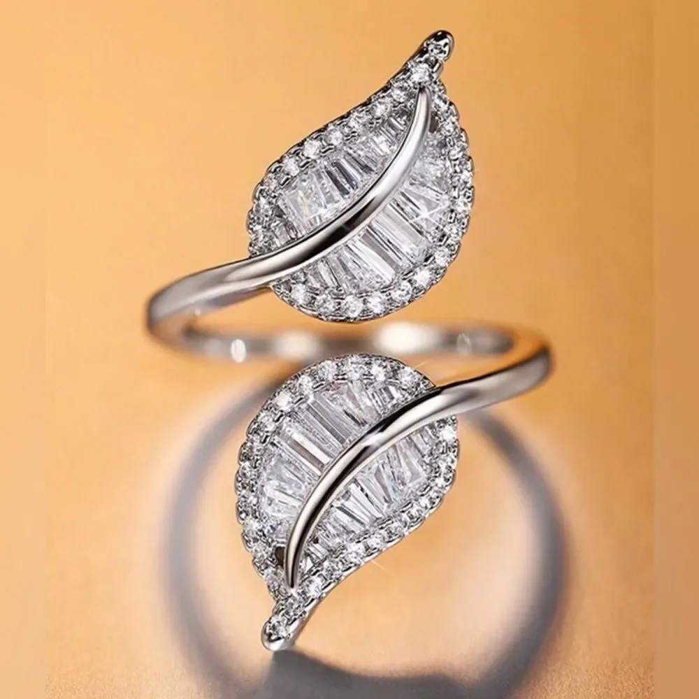 Cubic Zirconia Leaf Shaped‎ Open Ring