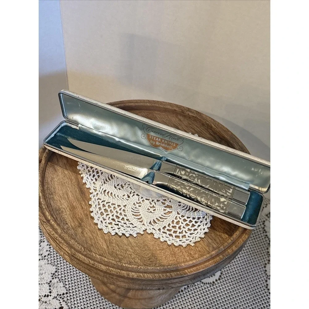 VTG Carvel Hall Steak Knives Set Briddell Silver Overlay Ivory Lustrex Handle