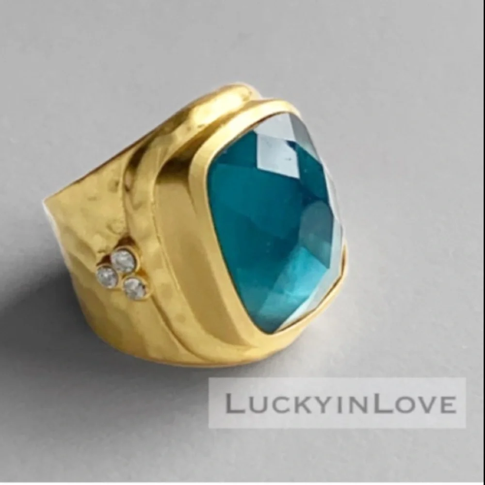 JULIE VOS RARE Tudor Stone Statement Ring Trio CZ Stones Iridescent Peacock Blue