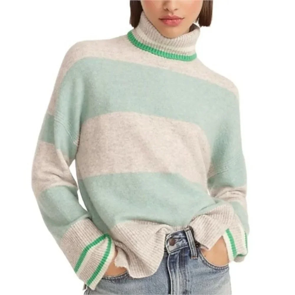 J. Crew Striped Turtleneck Sweater Supersoft Yarn Heather Silver Mint NWT