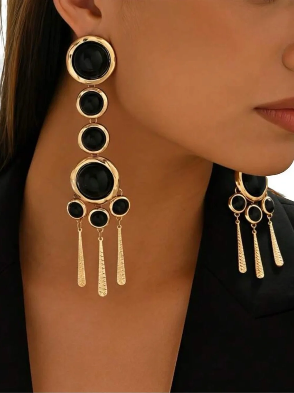Gold Drop Earrings with Black Stones