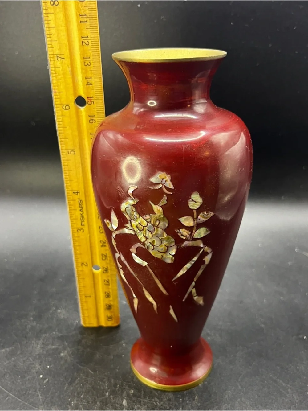 Vintage Korean Red Enamel  Brass Vase Mother of Pearl Peacock Inlay Floral 7”