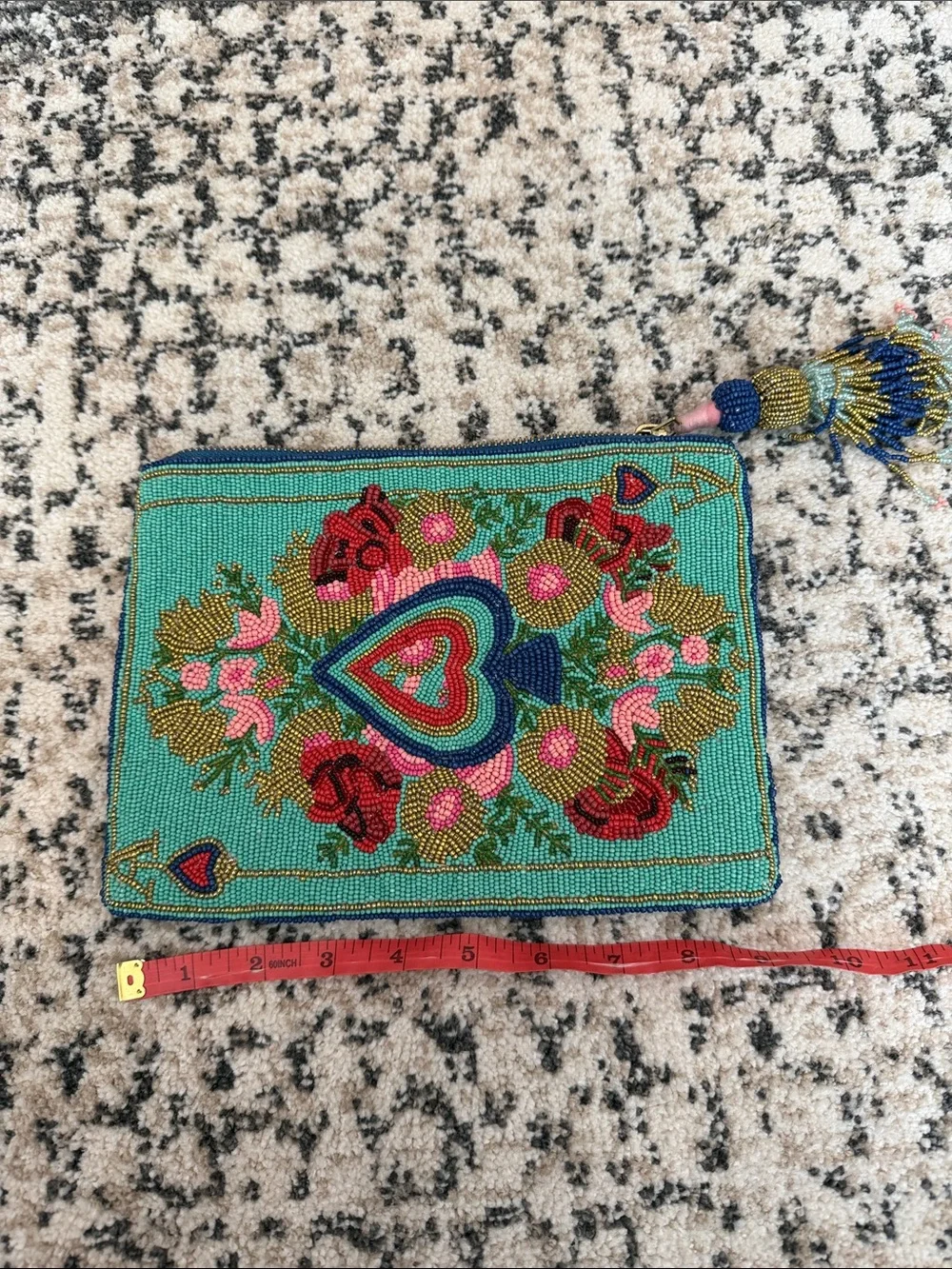 Anthropologie Turquoise Beaded Heart Floral Wristlet Clutch with Tassel