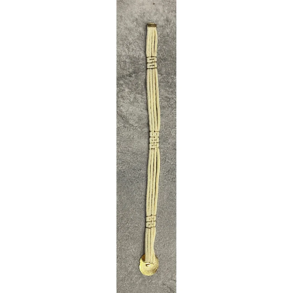 Vintage Braided Cord Belt Cream Gold Tone Enamel Floral Orchid Buckle 27 Inch