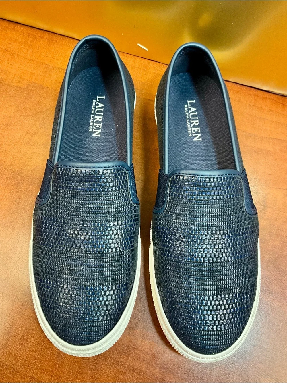 Lauren Ralph Lauren Navy Woven Slip-On Loafers with Cream Sole