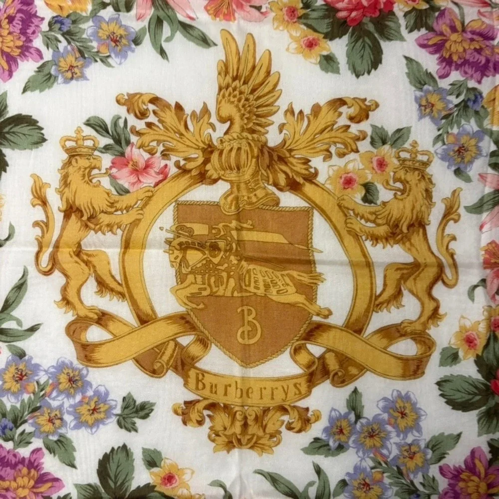 BURBERRYS Scarf Handkerchief Floral Crest Cotton White Navy 22x22