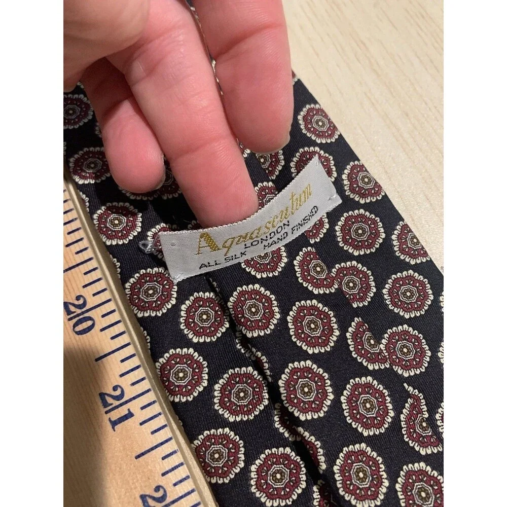 Vintage Aquascutum London Black with burgundy & ivory Geometric Circles NeckTie