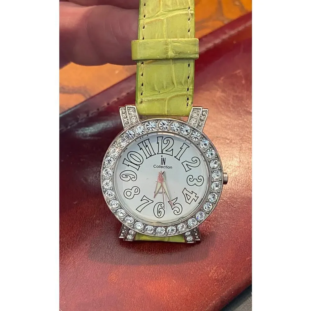 Women's 35mm Silver Tone In Collection Watch, Crystal Accents, Line Green Band