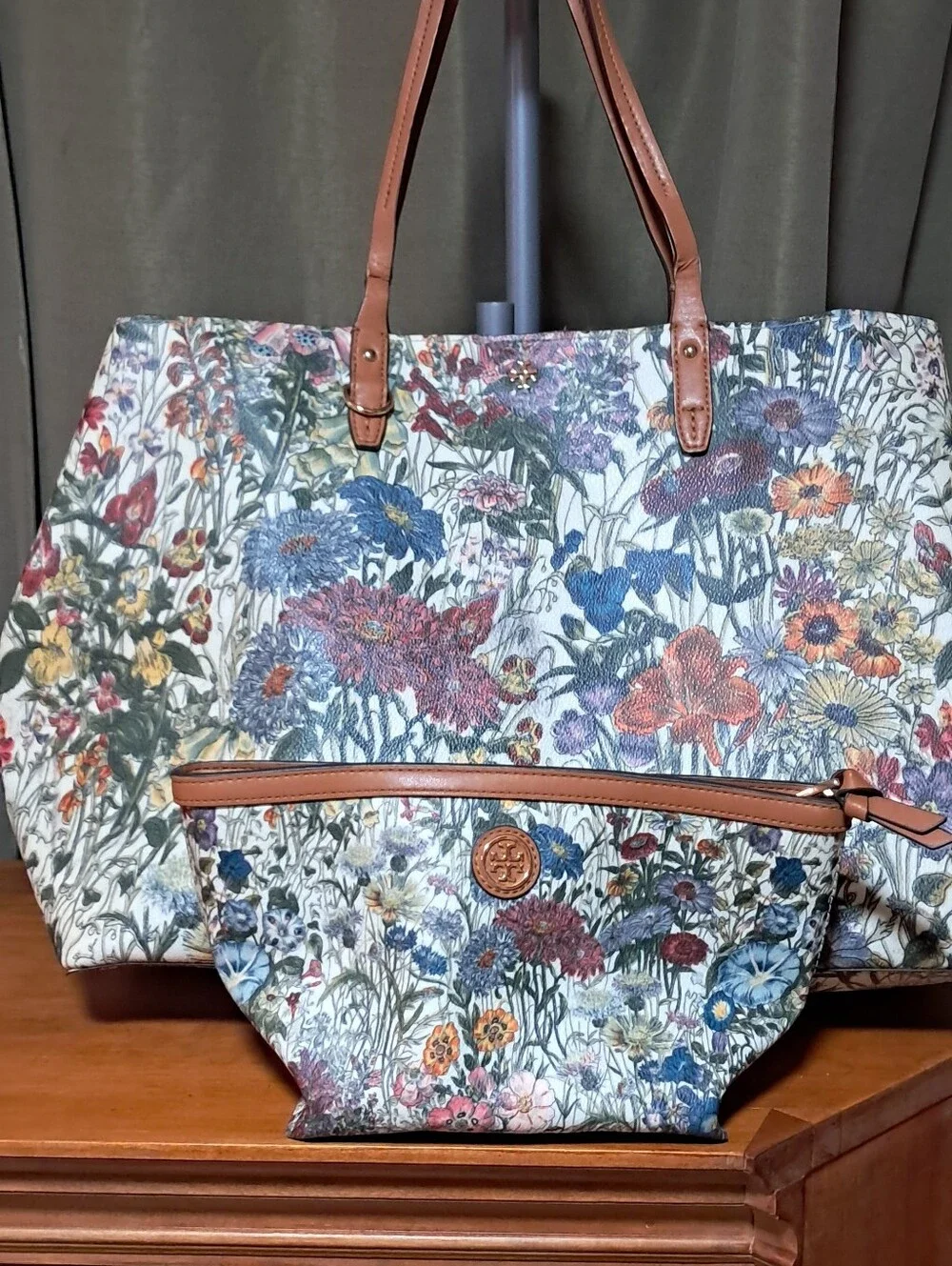 TORY BURCH Floral Print Tote and Pouch Set with Tan Trim