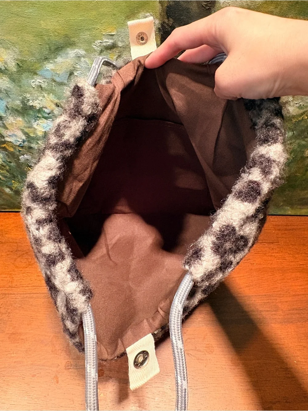 Leopard Print Faux Wool Tote and Crossbody Set - Gray