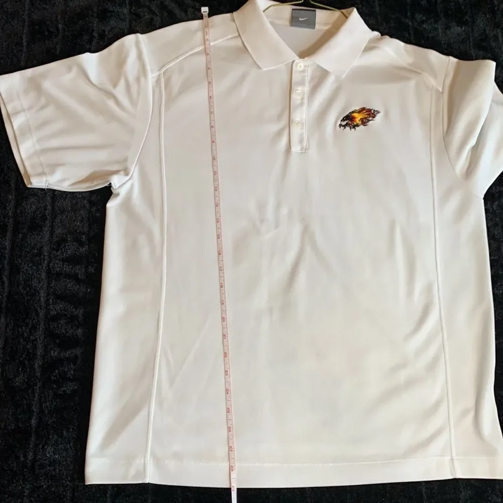 Men's Dri-Fit White Nike Golf Polo with Firebird Embroidered Logo, Size Large
