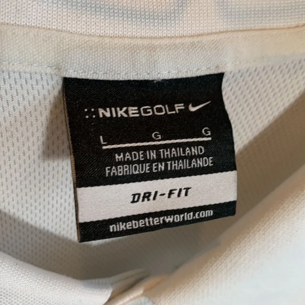 Men's Dri-Fit White Nike Golf Polo with Firebird Embroidered Logo, Size Large
