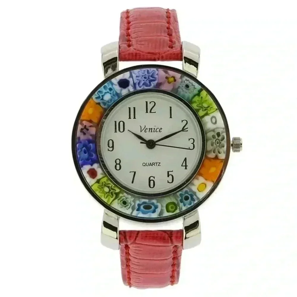 GlassOfVenice Serena Murano Millefiori Watch With Leather Band - Red