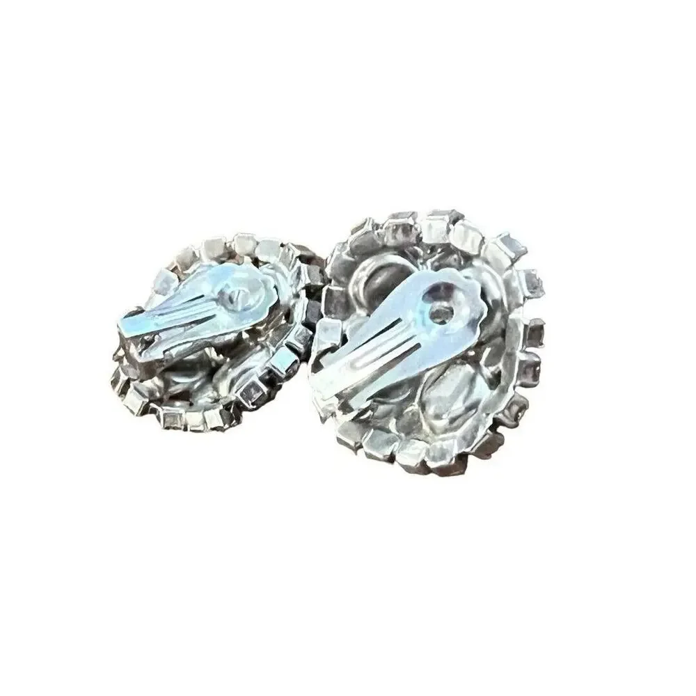 Vintage Formal Rhinestone Round Clip On Earrings Evening Bling
