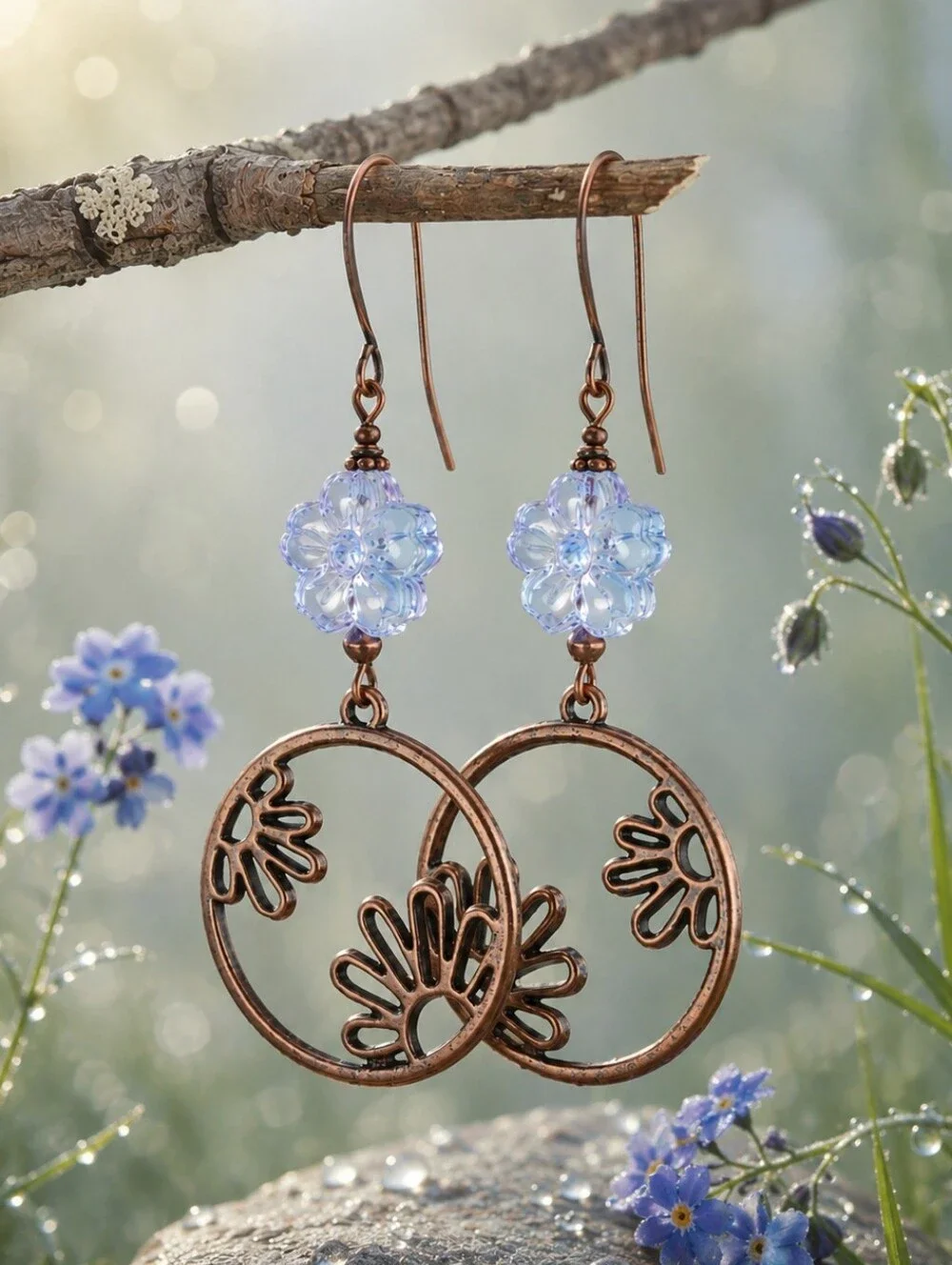 Copper Floral Hoop Earrings Czech Glass Blue Flower Boho Garden Hand Crafted