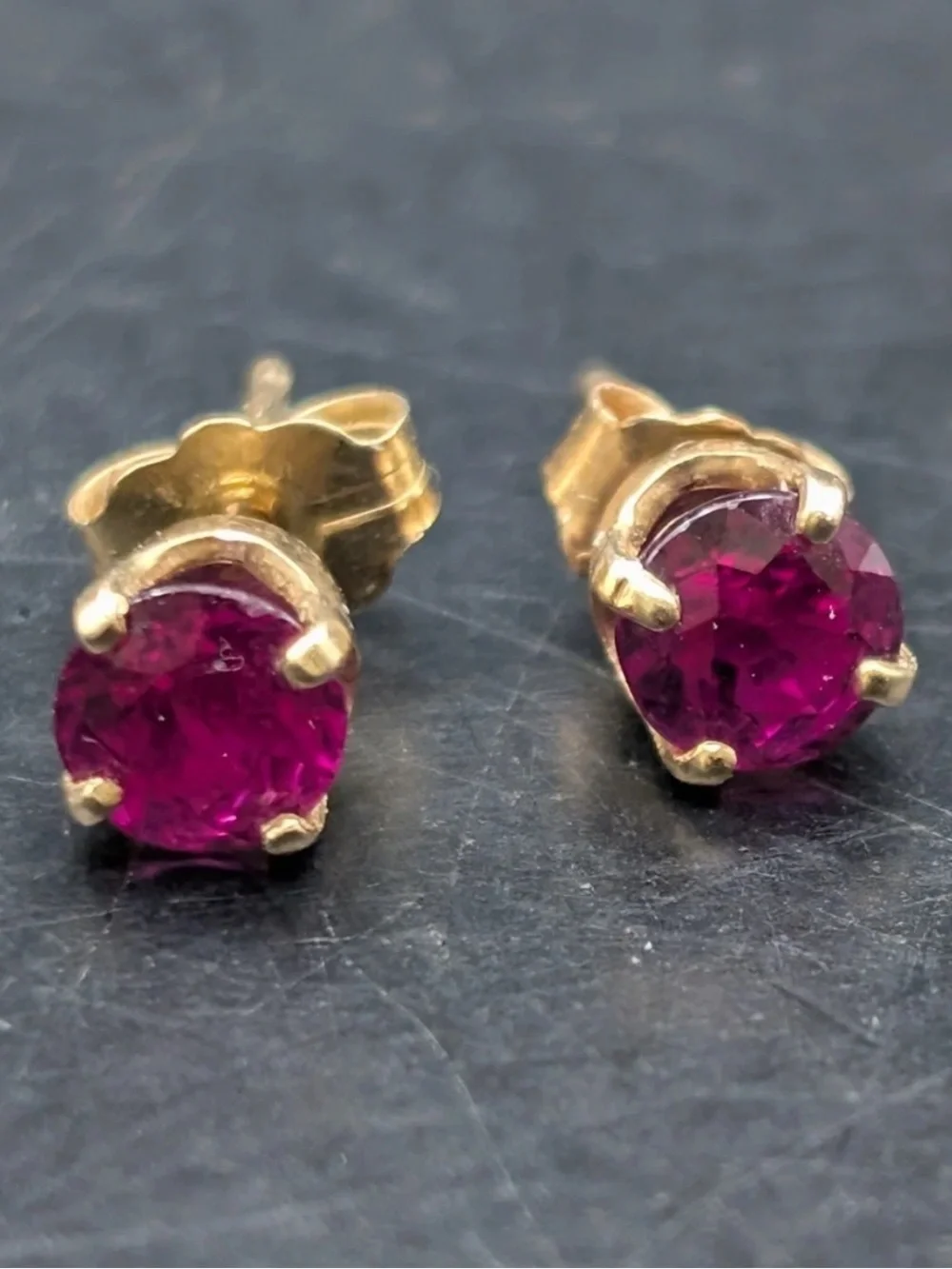 Solid 14K Yellow Gold Lab Created Ruby Stud Earrings 4mm Round July Birthstone
