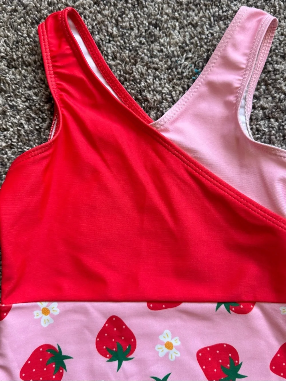 Girls One-Shoulder Strawberry Ruffle Swim Suit in Pink & Red