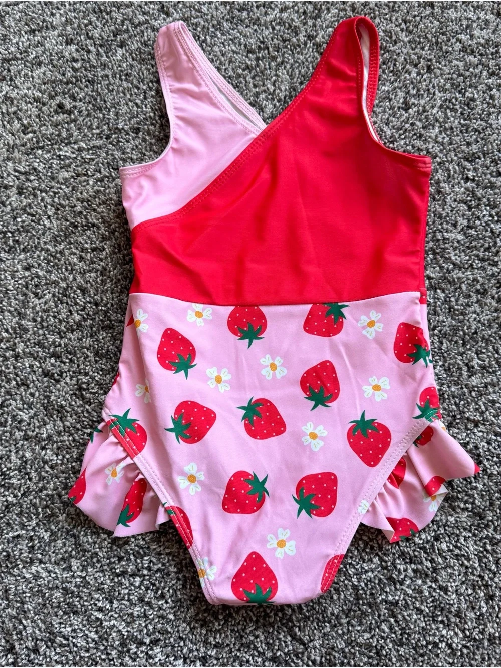 Girls One-Shoulder Strawberry Ruffle Swim Suit in Pink & Red