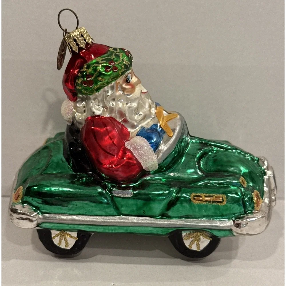 Radko Santa Claus Holly Trim Hat in Green Convertible‎ Car Christmas Ornament