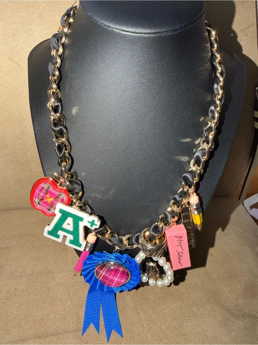 Betsey Johnson Black and Gold Chain Charm Necklace with Multicolor Charms