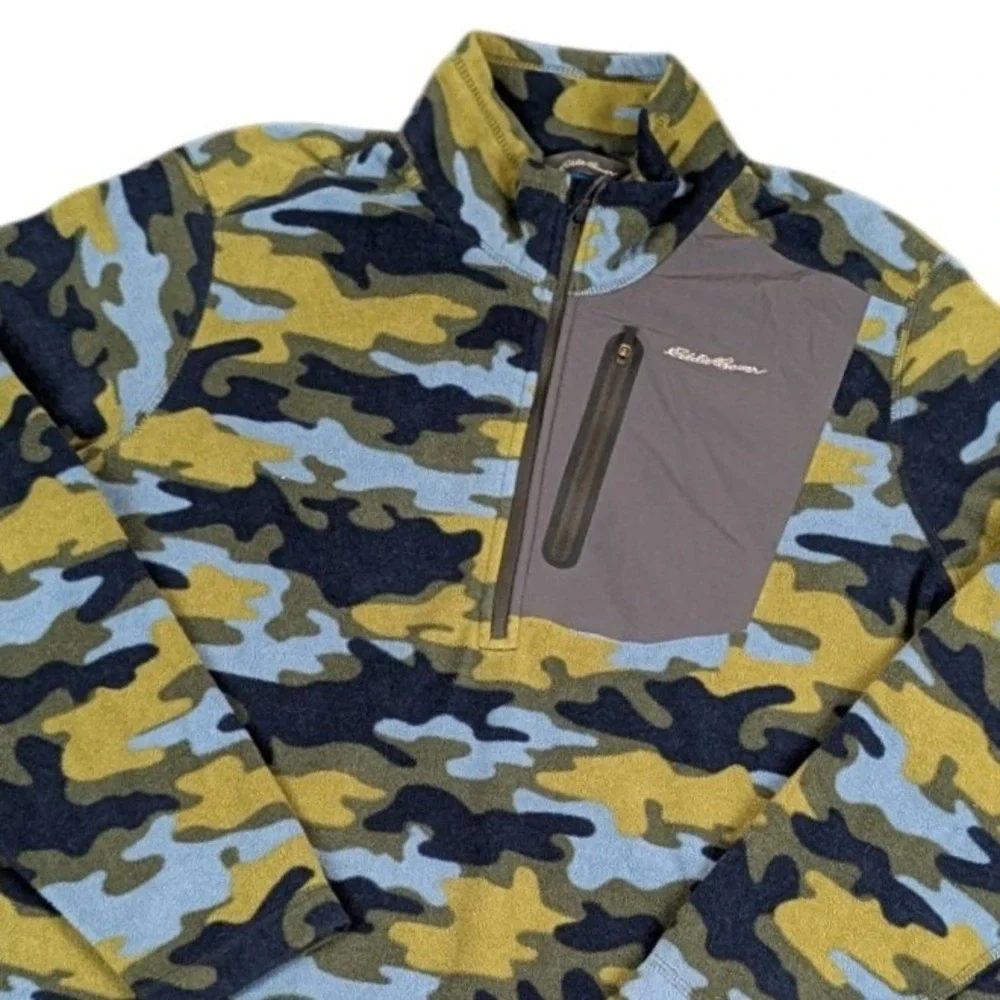 Eddie Bauer Mens Large 1/4 Zip Fleece Pullover Blue Green‎ Camo Pocket Logo