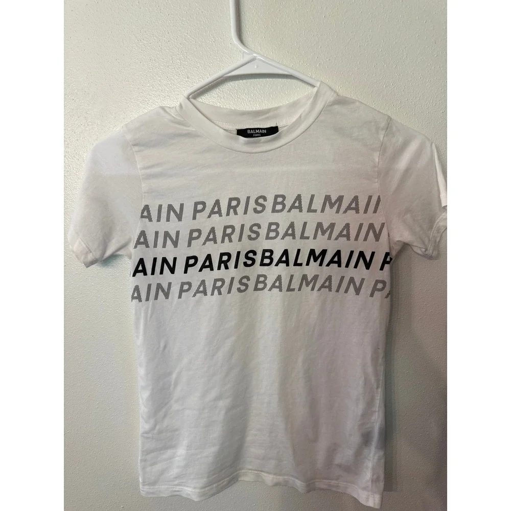 Balmain Paris Logo Graphic T Shirt White Short Sleeve Cotton KIDS‎