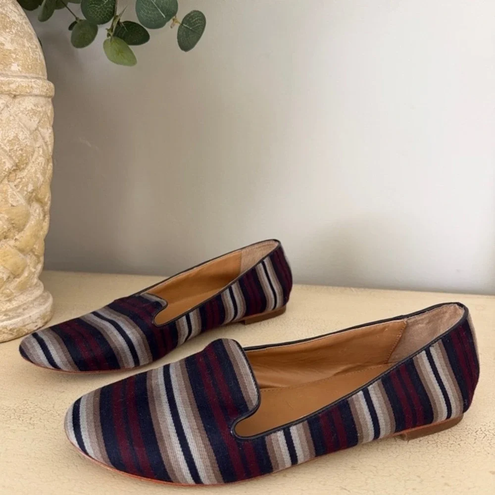 J. Crew Women's Sz 9.5 Striped Navy Burgundy and Gray‎ Slip-On Loafers