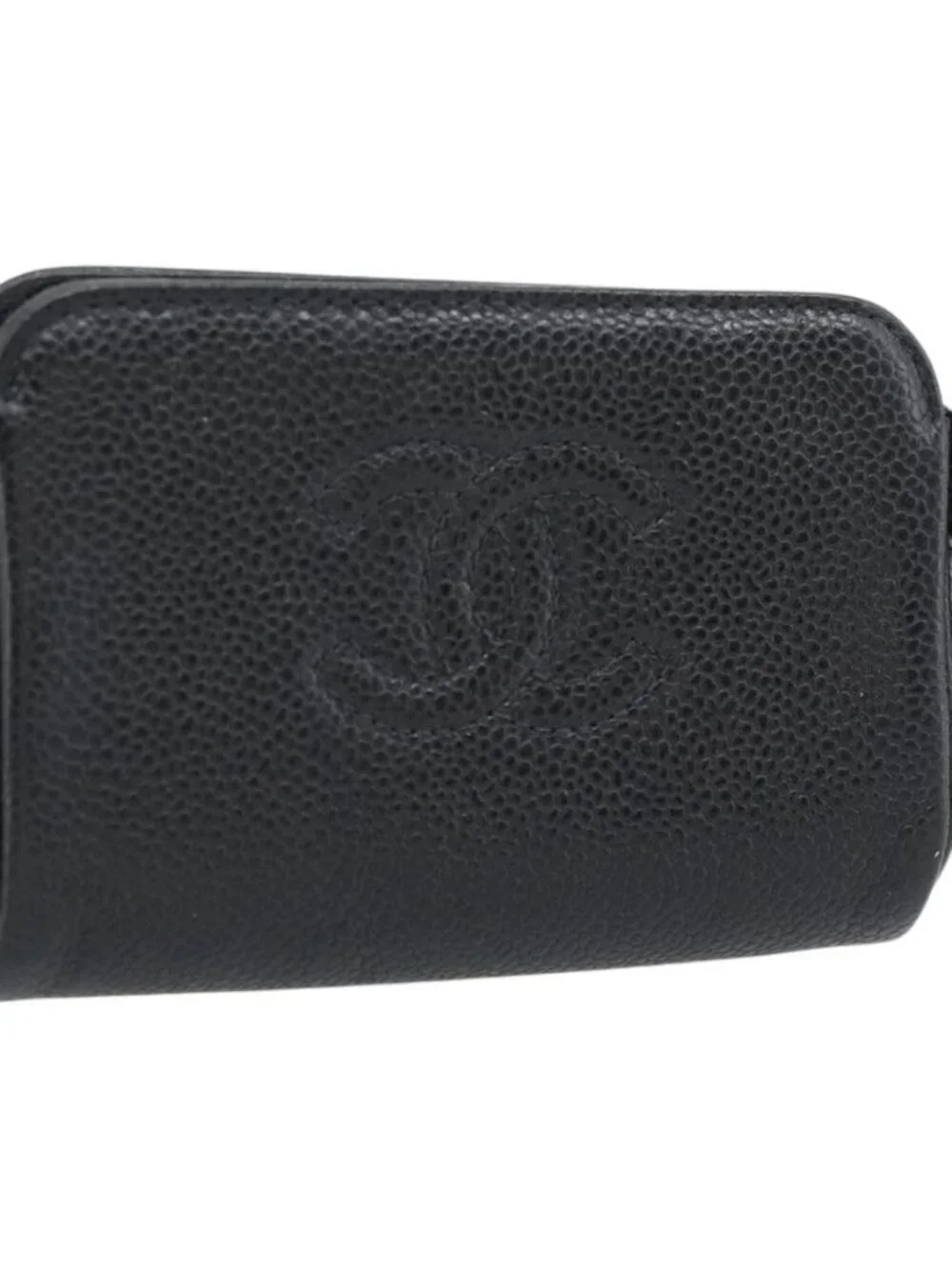 CHANEL COCO Mark Pouch Grained Calf Skin Black Gold CC Auth 181481